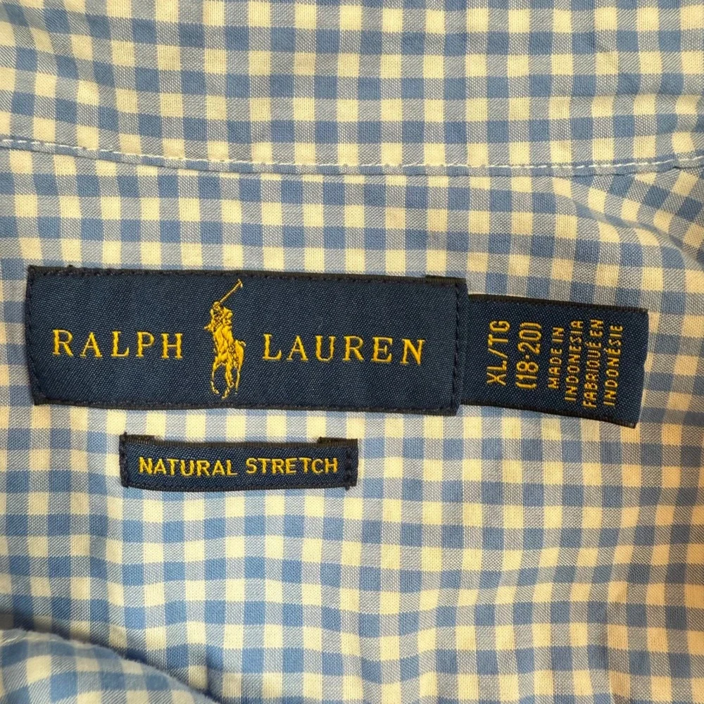 Ralph Lauren Kids XL Button Down Shirt Blue White‎ Gingham Check Natural Stretch